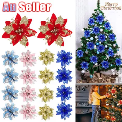 5-30x Glitter Christmas Tree Poinsettia Flowers Ornament Xmas Wreath Decoration • $13.28