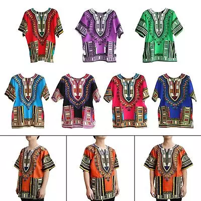 Men Women African Dashiki T Shirt Bright Colour Short Sleeve Floral Print • £15.44