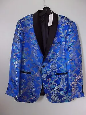 COOFANDY Blue Satin Brocade Ornate Asian DRAGON Tuxedo Blazer Jacket M NWT MINT • $35