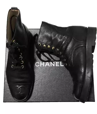 Chanel Boots 1993 Chanel Combat Boot = 37 UK4 24cm Insole Black Vintage Rare • £799