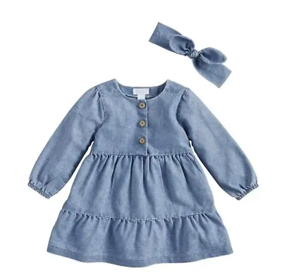 Mud Pie Denim Dress Stonewashed Tiered Ruffle Girls Dress & Headband Toddler New • $29.69