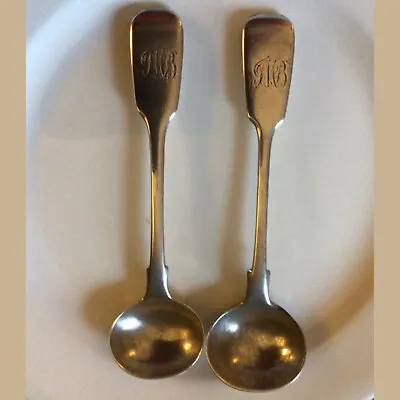 Pair 1871 Chawner & Co. Solid Silver Fiddle Handle Salt Or Mustard Spoons • £45