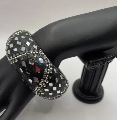 Vintage Chunky Black Mosaic Bangle Bracelet Mirrors Rhinestones Boho Fun! • $12