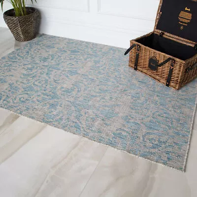 £14.95 • Buy Long Blue Hallway Runner Washable Indoor Outdoor Use Flatweave Hall Runner Rugs