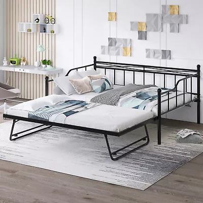 Full Size Metal Daybed & Adjustable Twin Trundle Portable Black • $292.96