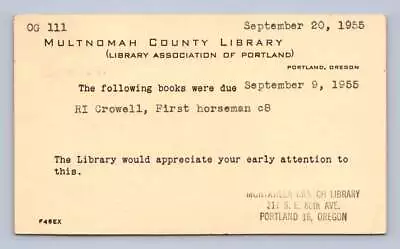 Multnomah County Library Postal Card Vintage Portland Oregon Cromwell Book 1955 • $12.99