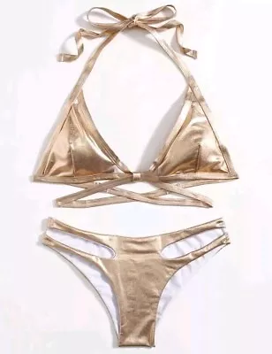 Gold Metallic Cut-out Halter Bikini Swimsuit. L 12 14. B38.2 W30-40.6. New. PU1 • £9