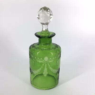 Vintage Harrach Glassworks Perfume Bottle Green Glass W/ Stopper Czech Bohemian • $124.99