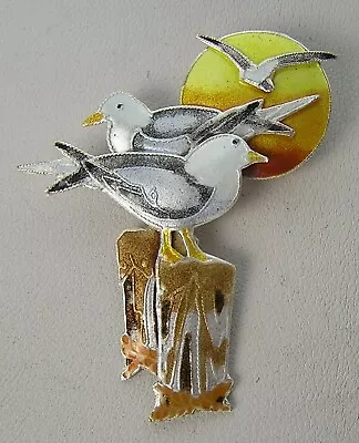 Stunning Signed Zarah Sterling Seagull Seascape W/ Sun & Birds On Pilings Pin • $79.99