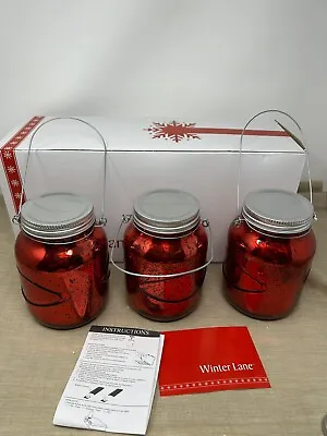 Winter Lane Set Of 3 Lit Mercury Glass Mason Jars In Red • $49.99