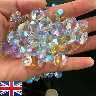 100 X 2-Holes Clear Octagon Crystal Glass Bead Chandelier Part Prisms Facet 14mm • £7.19