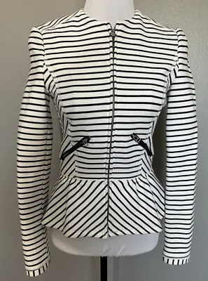 Zara Women S Full Zip Jacket Black White Striped Blazer Flared Bottom Zip Pocket • $36.07