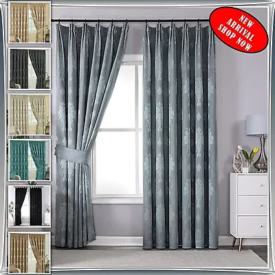 Pencil Pleat Curtains Jacquard Fully Lined Curtain With Tiebacks 90x90 Silver • £62.50