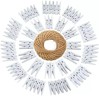 100 Mini Wooden Pegs(3.5cm)+30 Meters Of Jute StringClips For CardPhotos White • £7.99