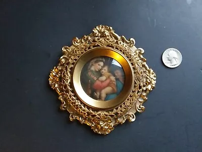 Vintage Picture Frame Ormolu Convex Glass Brass Madonna Of The Chair 5  Small • $55