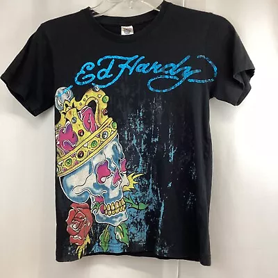Don ED HARDY Bulldog Label Skull Rose Design T Shirt Kids Size M Made In USA Y2K • $24.99