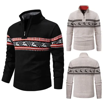 Mens Christmas Knitted Jumper Funnel 1/4 Zip Neck Reindeer Fairisle Xmas Sweater • £7.80