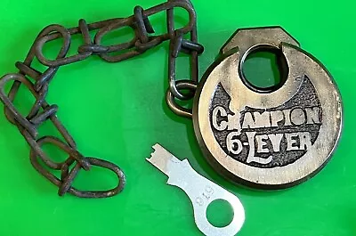 Antique/Vintage Champion 6-Lever Pancake Push-Key Padlock With Chain Works W/Key • $57