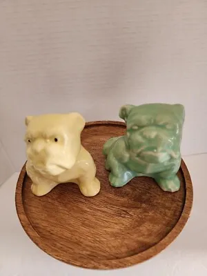 2-Vintage Morton Pottery Green & Yellow Bulldog Planter-Cute • $18