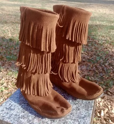 Minnetonka Women Boots 3 Layer Fringe Size 9 1632 Brown Suede Boho • $8