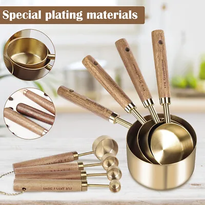 £17.93 • Buy 8Pcs Measuring Spoon Set Wooden Handle Stainless Steel Measuring Cups Spoons