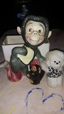 Vintage Monkey Planter With Two Adorable Pencil Huggers (see Description) • $14.99