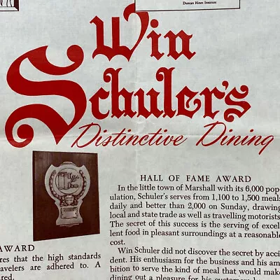 1965 Win Schuler's Restaurant Placemat Marshall St Joseph Grand Rapids Jackson • $19.25