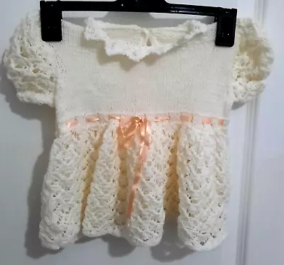 Hand Knitted Dress Age 3 To 6 Months White With Pink Ribbon And Pretty Pattern • £5