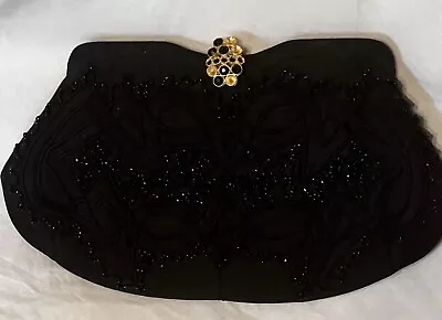 Vtg Black Beaded Embroidered Purse Clutch La France • $49