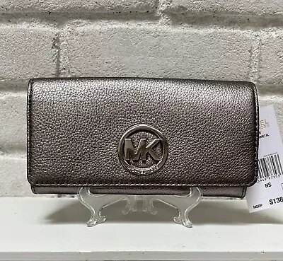 Nwt Michael Kors $138 Fulton Zip Gunmetal Metallic Leather Continental Wallet • $69