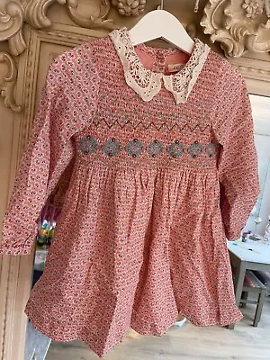 Next Baby Girls Pink Embroidered Shirred Long Sleeve Dress Size 18-24 Months • £8