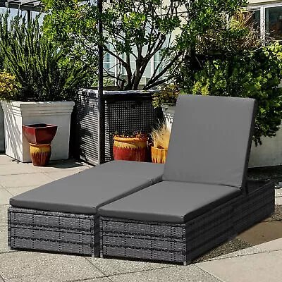 Rattan Sun Loungers Set Of 2 W/ Cushion 4-Level Recliner Garden Furniture Grey • £250.99