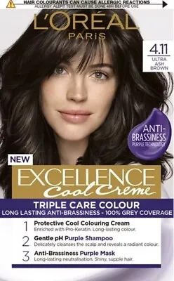 Loreal Excellence Cool Creme ULTRA ASH BROWN 4.11 Hair Colour Dye Grey Coverage • £13.98