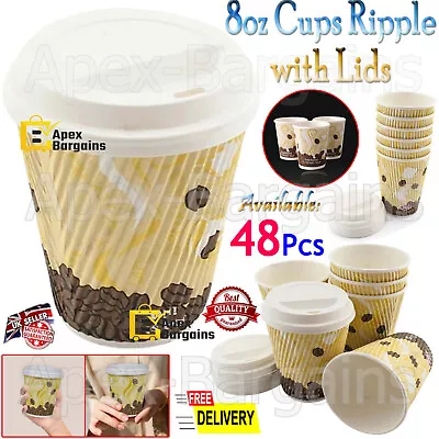 48pcs Ripple Cups With Lids Paper Disposable Tea Coffee Takeaway Hot Drinks 8oz • £20.49