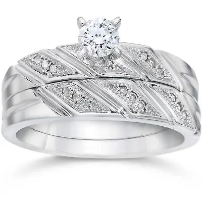 £387.82 • Buy 1/5ct Diamond Engagement Ring Matching Wedding Band Set 10K White Gold