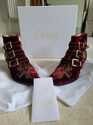 £375 • Buy **Chloe Susanna Boots In Burgundy Velvet - UK Size 5**