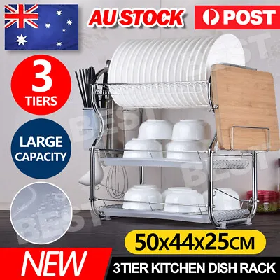 3 Tier Dish Rack Cutlery Drying Drainer Plate Cup Steel Kitchen Storage Holder • $26.85