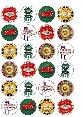 24 PRECUT Las Vegas Casino Poker Chip Edible Wafer Paper Cupcake Cake Toppers • £2.49