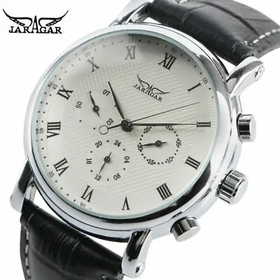 £24.11 • Buy JARAGAR Black/White 22mm Leather Band Week Mens Automatic Mechanical Wrist Watch