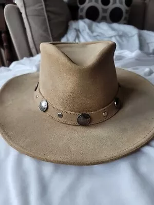 Minnetonka The Outback Buffalo Nickel Hatband Hat Tan Leather Suede Leather EUC • $22.99