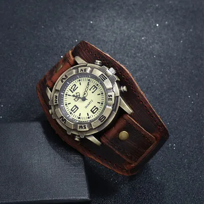 Vintage Genuine Leather Strap Watch Men Punk Quartz Cuff Watch Wrist Bracelet  • $14.24