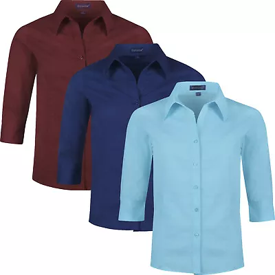 £4.99 • Buy Ladies Three Quarter Sleeve Shirt Womens Button Up Plain Office Work Blouse Top