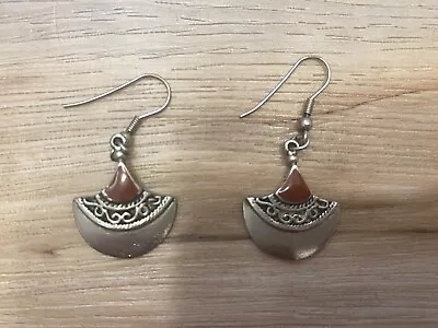 Vintage Silver Tone Aztec Bali Style Red Drop Dangle Earrings • $14.95