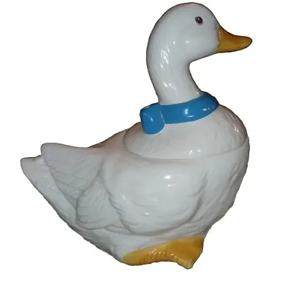 DUCK GOOSE CERAMIC COOKIE JAR- White Blue Ribbon W/Orange Feet VINTAGE KITCHEN • $42