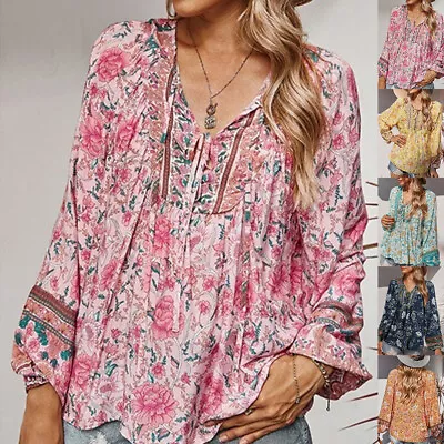 Womens Boho Floral V-Neck Blouse Long Sleeve Loose T Shirts Tunic Tops Size 20 • £11.89