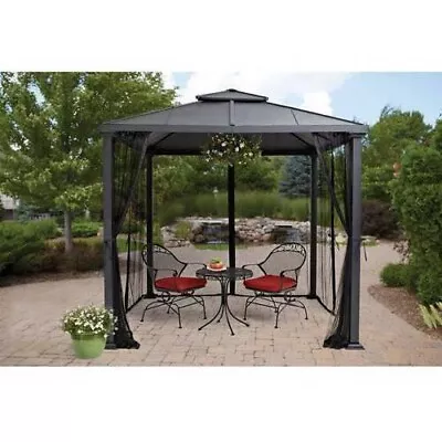 8'x8' Luxury Outdoor Gazebo Patio Steel Hard Top Curtains Netting Black • $610.99