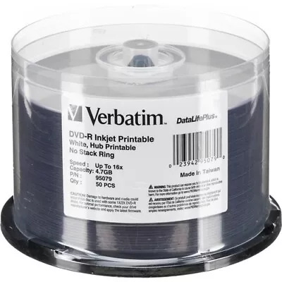 50 X Verbatim DVD Inkjet Printable Full Hub DVD-R 16X Spindle 16X 4.7GB #95079 • $39.90