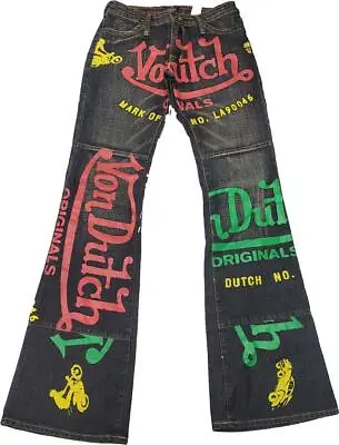 New Women's Von Dutch Signature Painted Denim Logo Vintage Flare Jeans Size 26 • $199.99