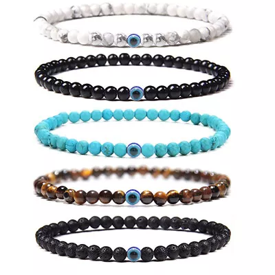 Men Evil Eye Bracelet Natural Stone Turquoise Tiger Eye 6mm Beads Bangle Jewelry • £3.99