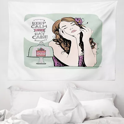 Keep Calm Microfiber Wide Tapestry Eat Cake Text And Woman • £19.99